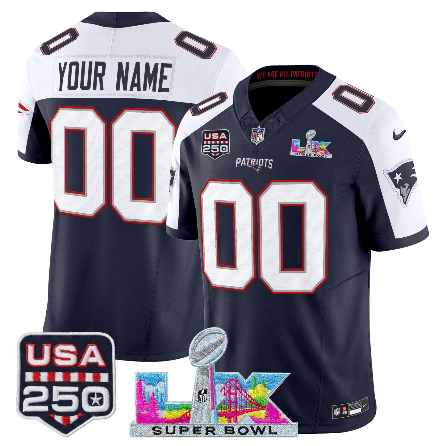 Men's NE Patriots 2026 Jersey - Super Bowl LX + USA 250 Patch