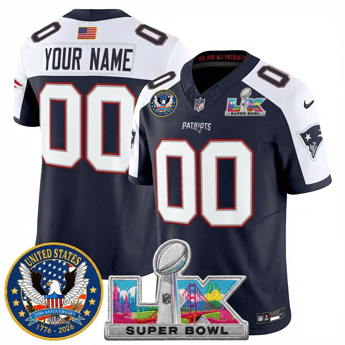 Men's NE Patriots 2026 Jersey - United States 250th Anniversary + Super Bowl LX Patch