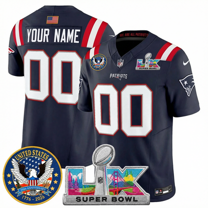 Men's NE Patriots 2026 Jersey - United States 250th Anniversary + Super Bowl LX Patch