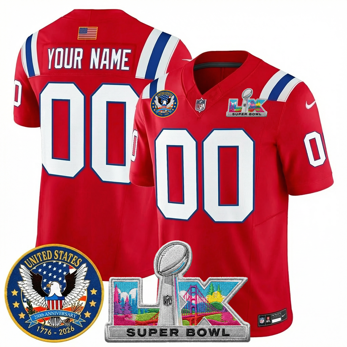 Men's NE Patriots 2026 Jersey - United States 250th Anniversary + Super Bowl LX Patch