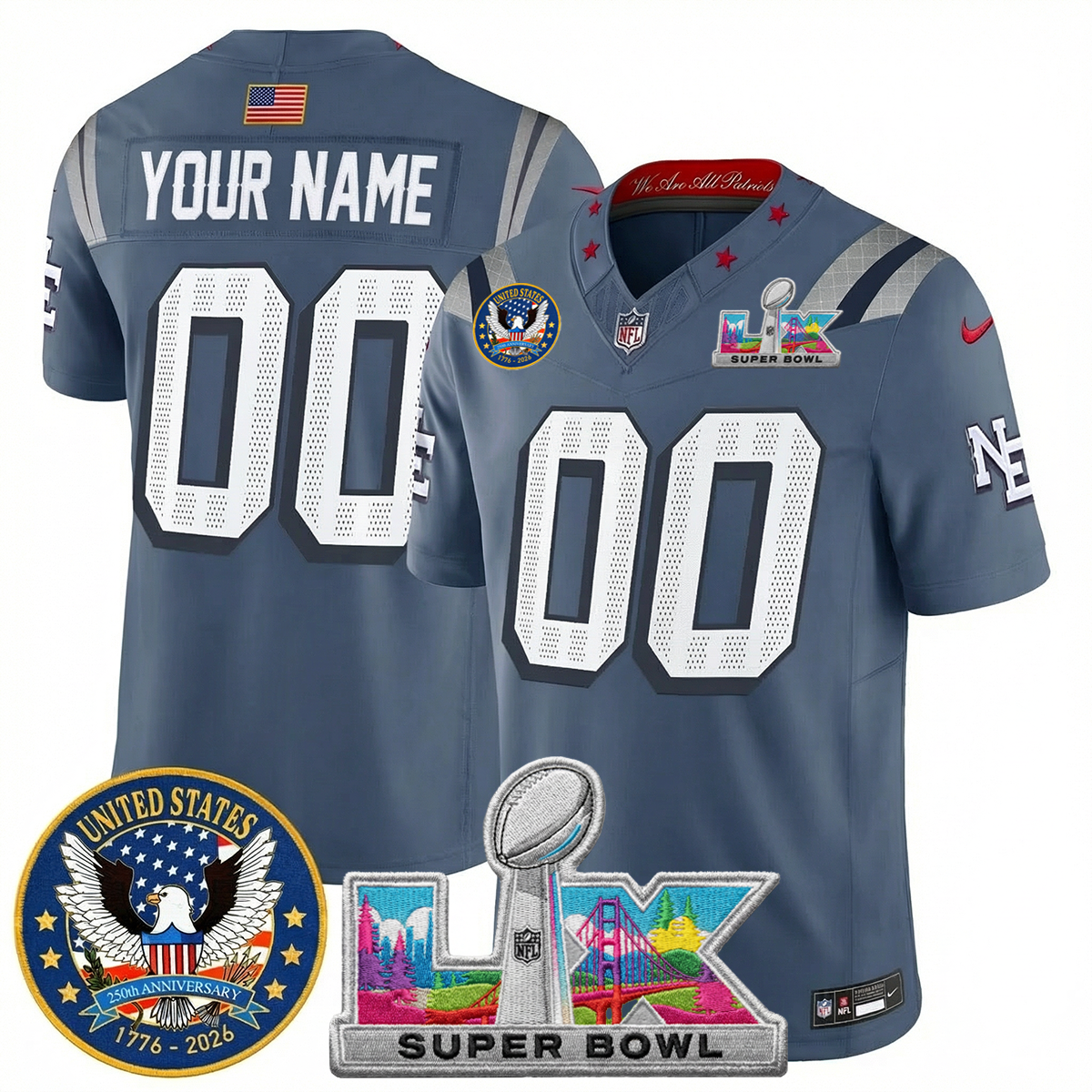 Men's NE Patriots 2026 Jersey - United States 250th Anniversary + Super Bowl LX Patch