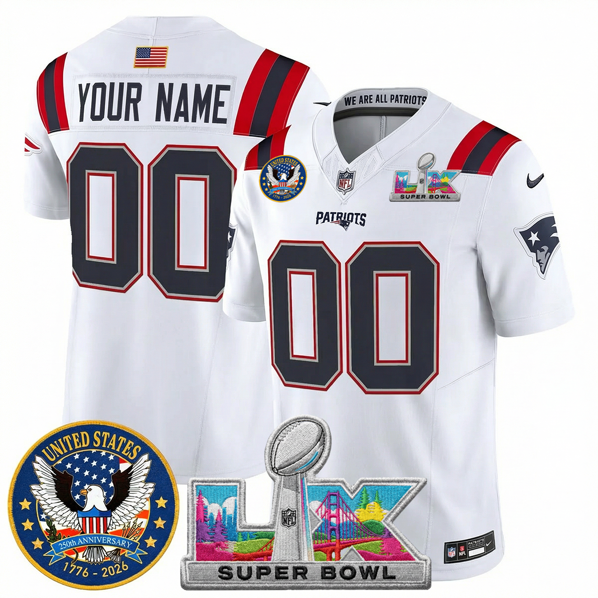 Men's NE Patriots 2026 Jersey - United States 250th Anniversary + Super Bowl LX Patch