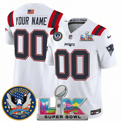 Men's NE Patriots 2026 Jersey - United States 250th Anniversary + Super Bowl LX Patch