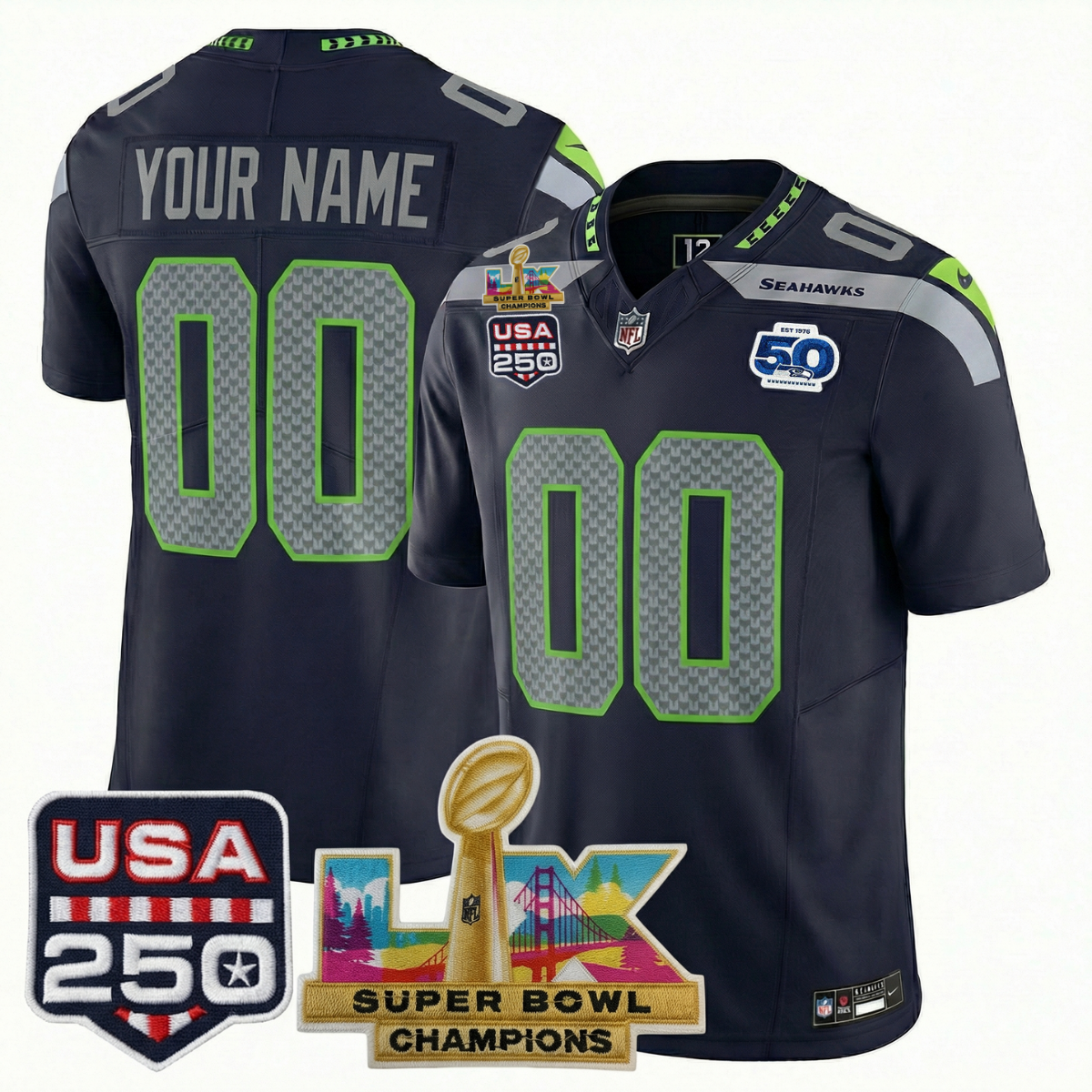 Men's SEA Football Limited Jersey - 50th Anniversary + Super Bowl LX Champions + USA 250 Patch