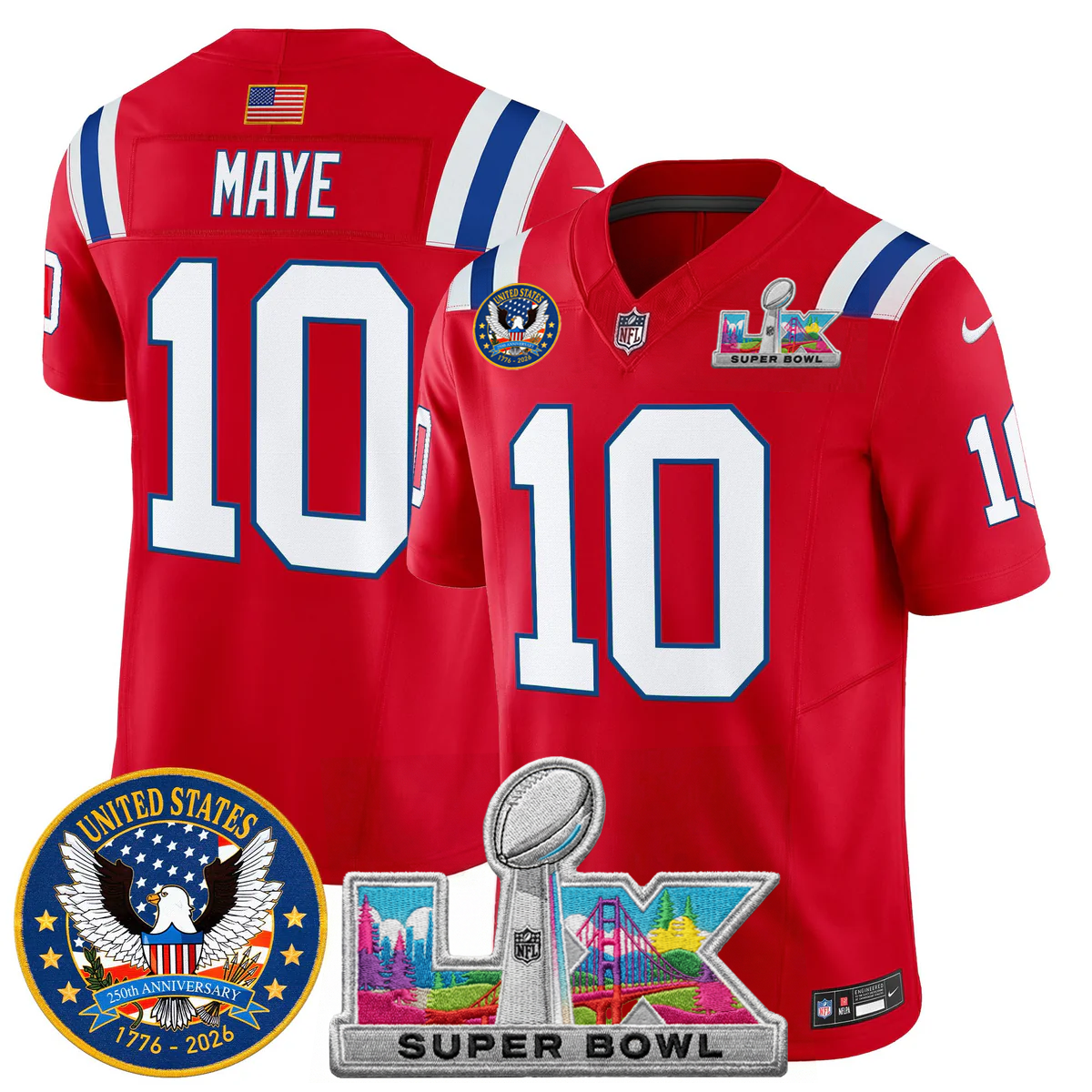 Men's NE Patriots 2026 Jersey - United States 250th Anniversary + Super Bowl LX Patch