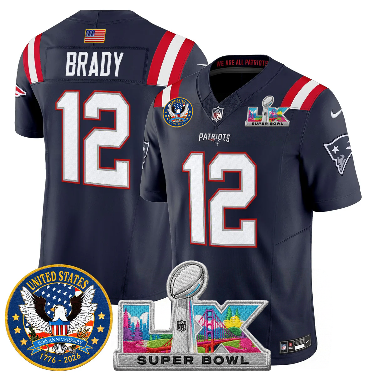 Men's NE Patriots 2026 Jersey - United States 250th Anniversary + Super Bowl LX Patch