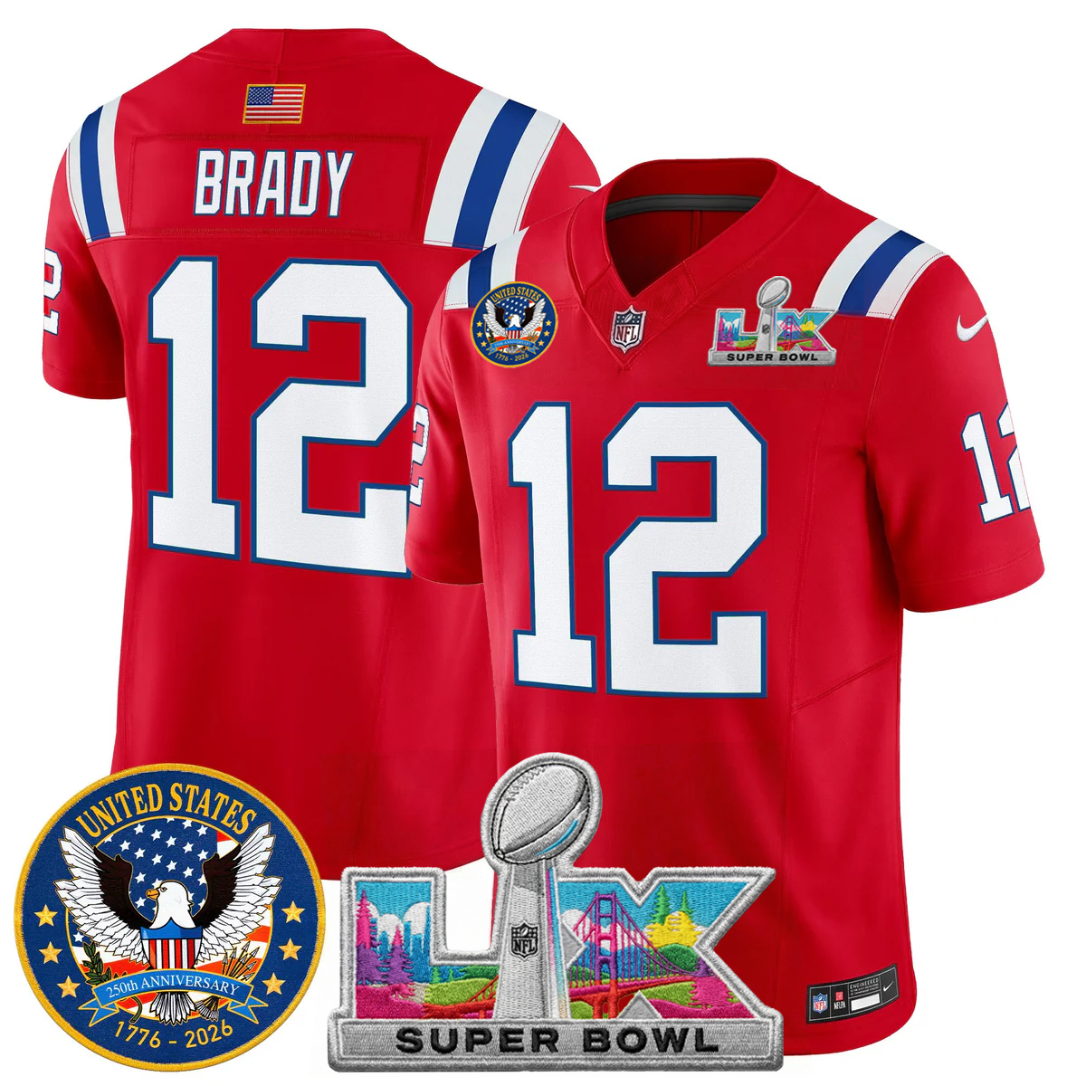 Men's NE Patriots 2026 Jersey - United States 250th Anniversary + Super Bowl LX Patch