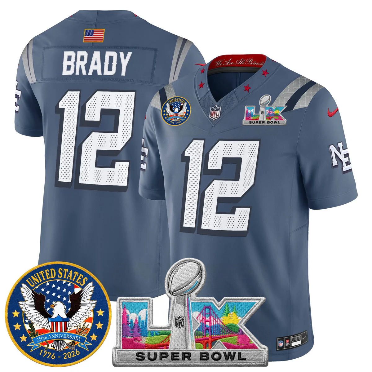 Men's NE Patriots 2026 Jersey - United States 250th Anniversary + Super Bowl LX Patch