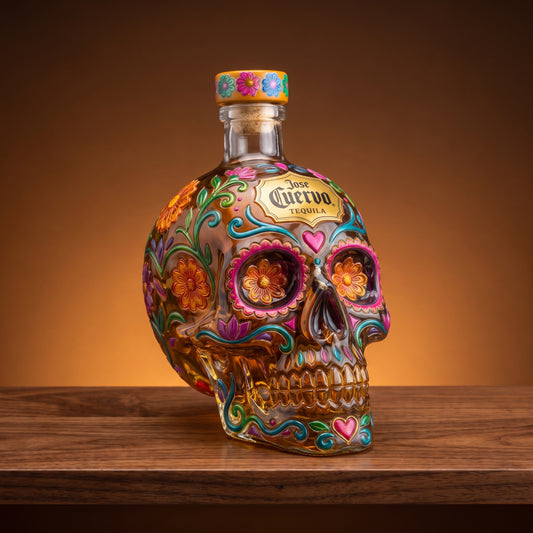 Day of the Dead Inspired Skull Tequila Bottle