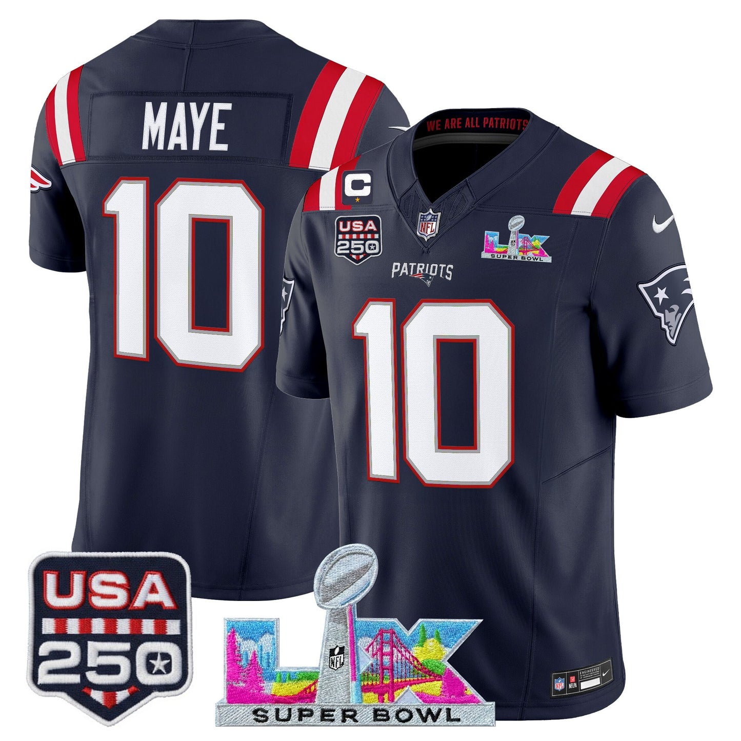Men's NE Patriots 2026 Jersey - Super Bowl LX + USA 250 Patch