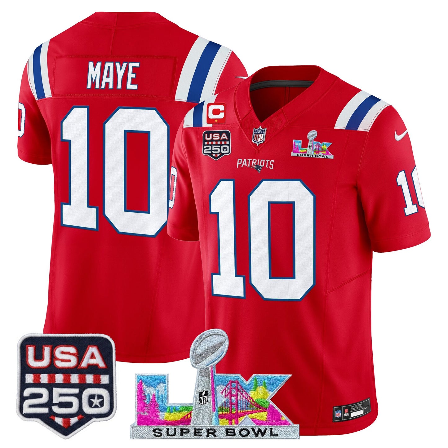 Men's NE Patriots 2026 Jersey - Super Bowl LX + USA 250 Patch