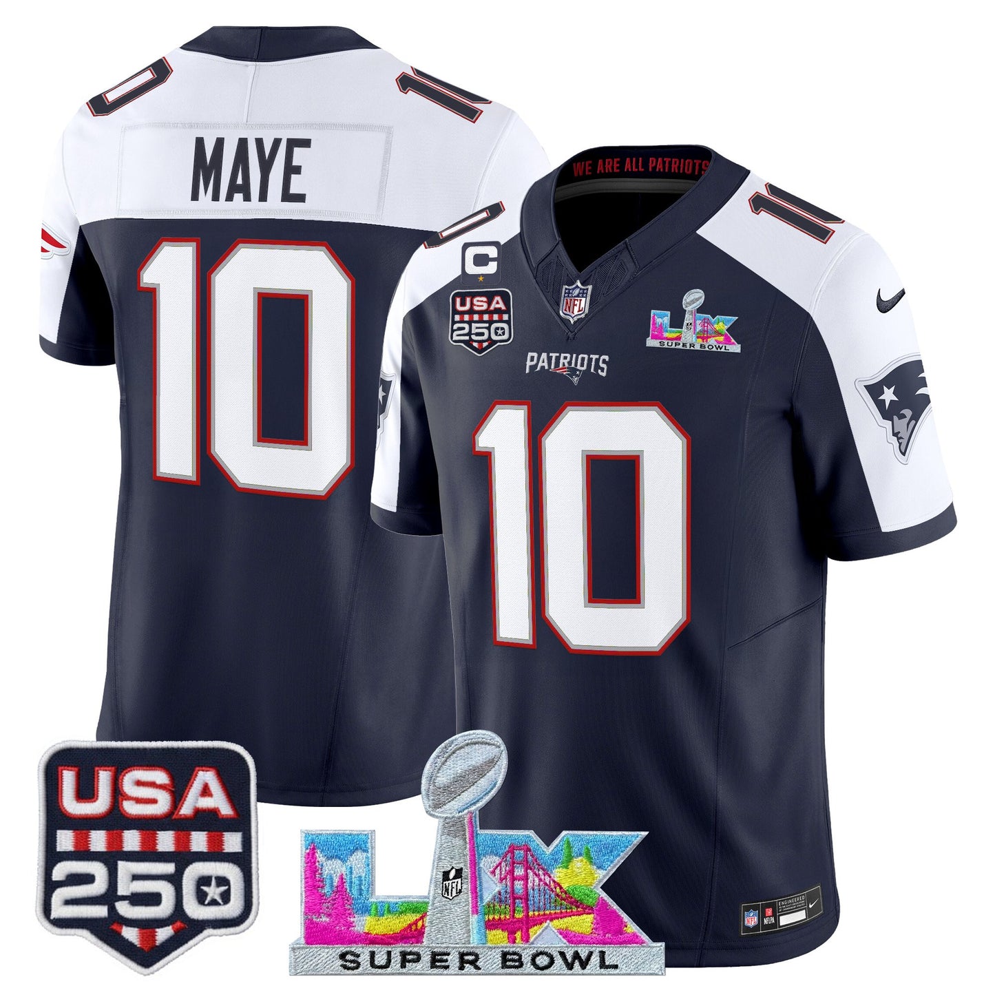 Men's NE Patriots 2026 Jersey - Super Bowl LX + USA 250 Patch