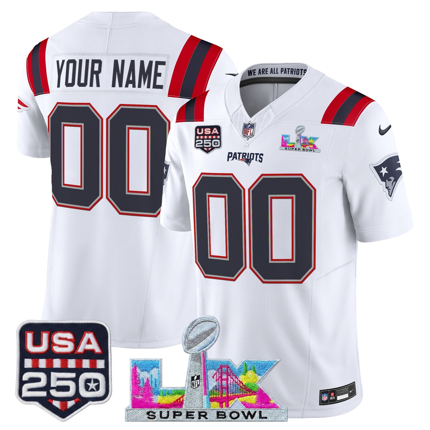 Men's NE Patriots 2026 Jersey - Super Bowl LX + USA 250 Patch