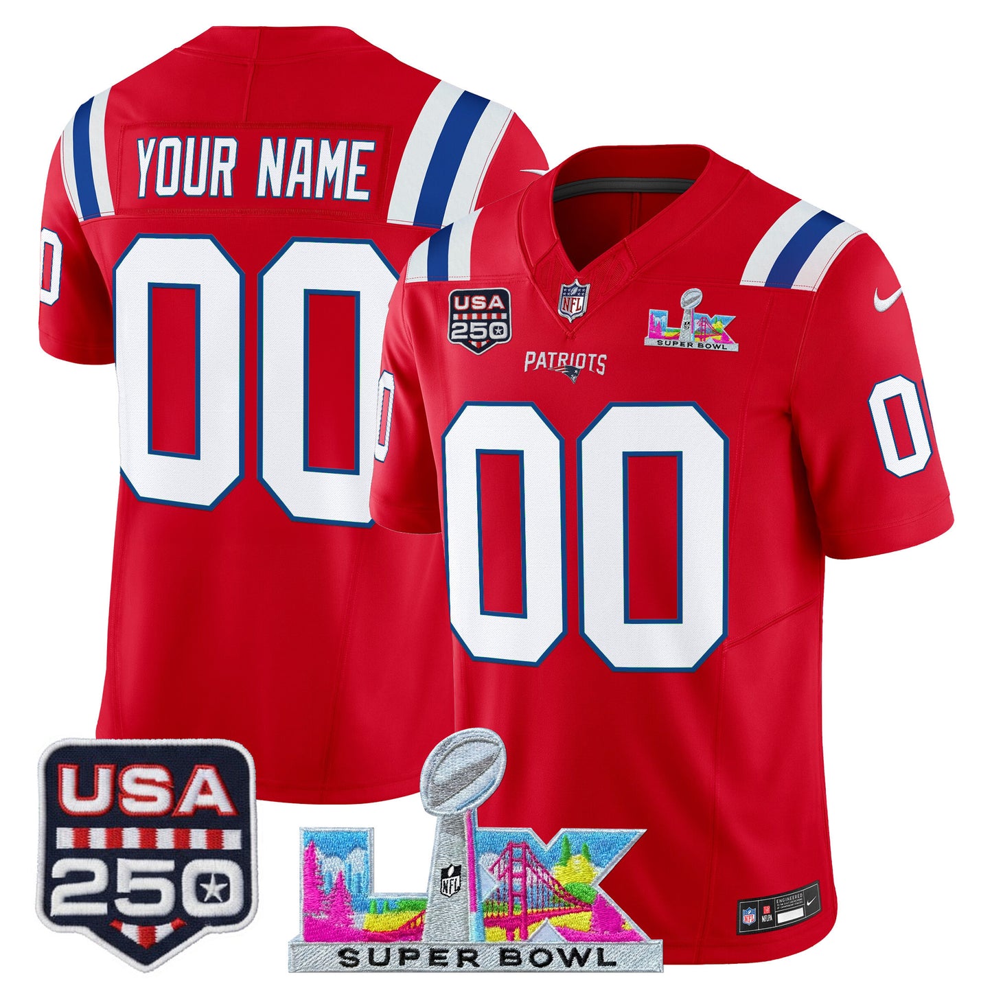 Men's NE Patriots 2026 Jersey - Super Bowl LX + USA 250 Patch