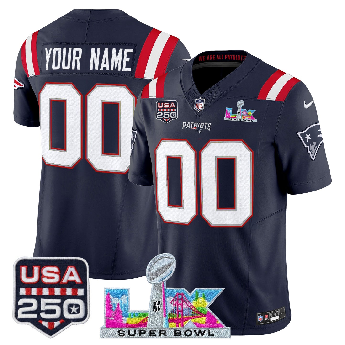 Men's NE Patriots 2026 Jersey - Super Bowl LX + USA 250 Patch