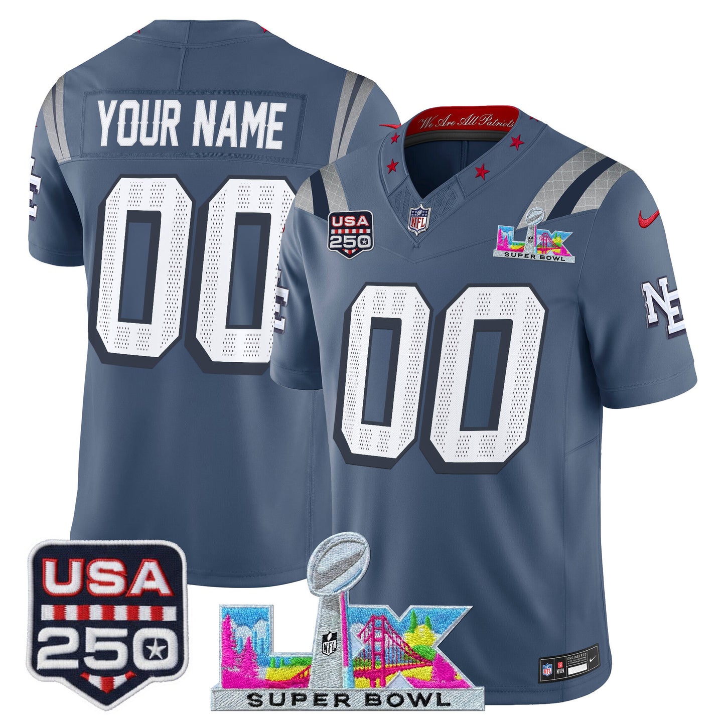 Men's NE Patriots 2026 Jersey - Super Bowl LX + USA 250 Patch