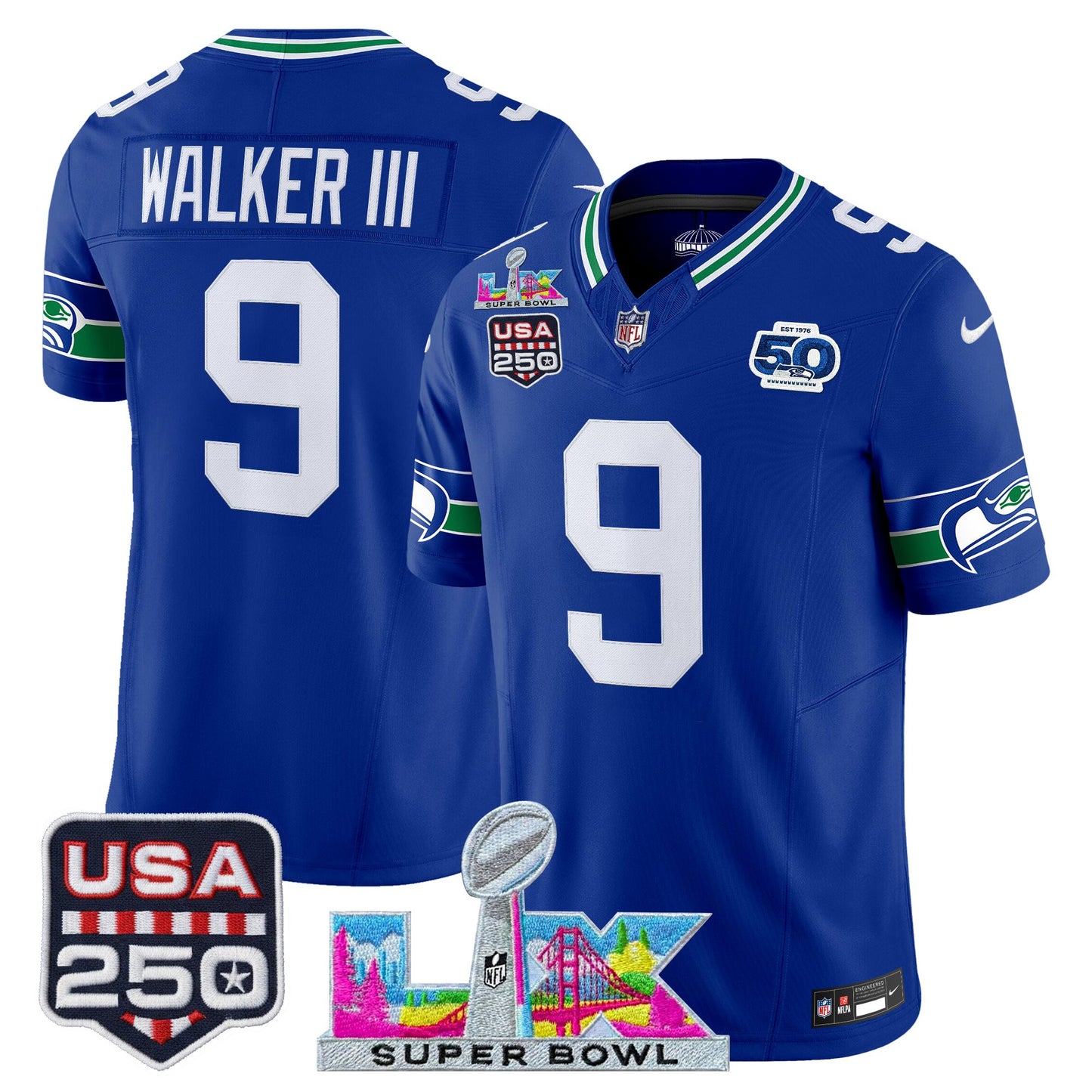 Men's SEA Football Limited Jersey - 50th Anniversary + Super Bowl LX + USA 250 Patch