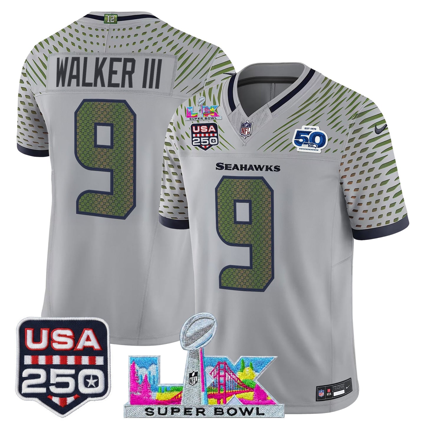 Men's SEA Football Limited Jersey - 50th Anniversary + Super Bowl LX + USA 250 Patch