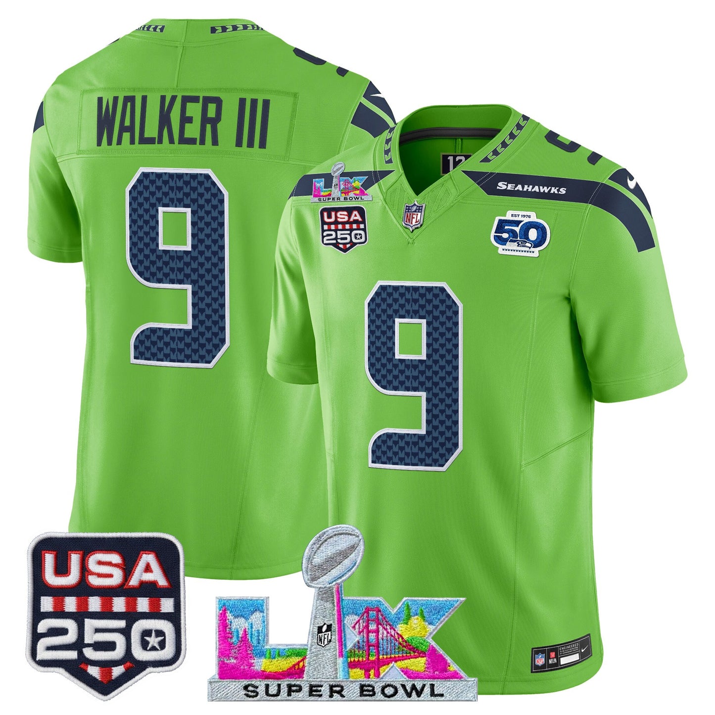 Men's SEA Football Limited Jersey - 50th Anniversary + Super Bowl LX + USA 250 Patch