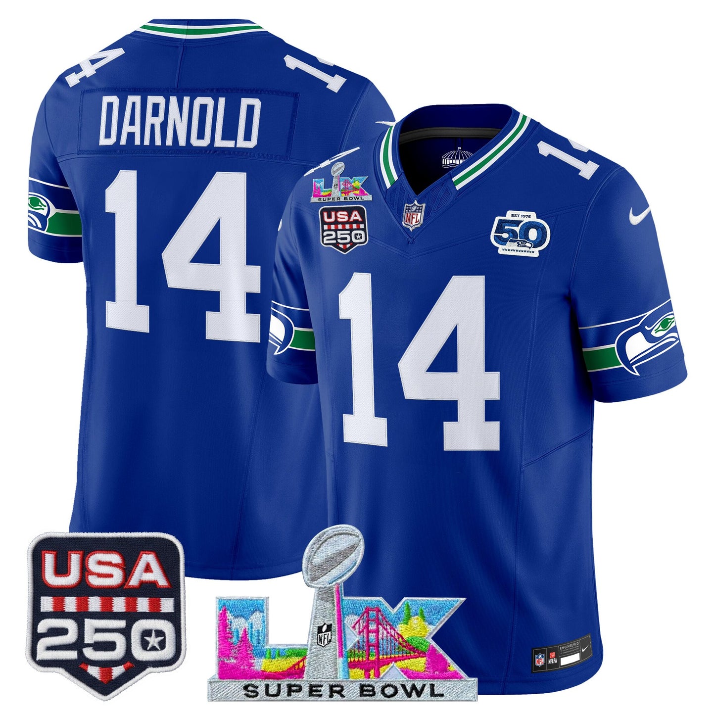 Men's SEA Football Limited Jersey - 50th Anniversary + Super Bowl LX + USA 250 Patch