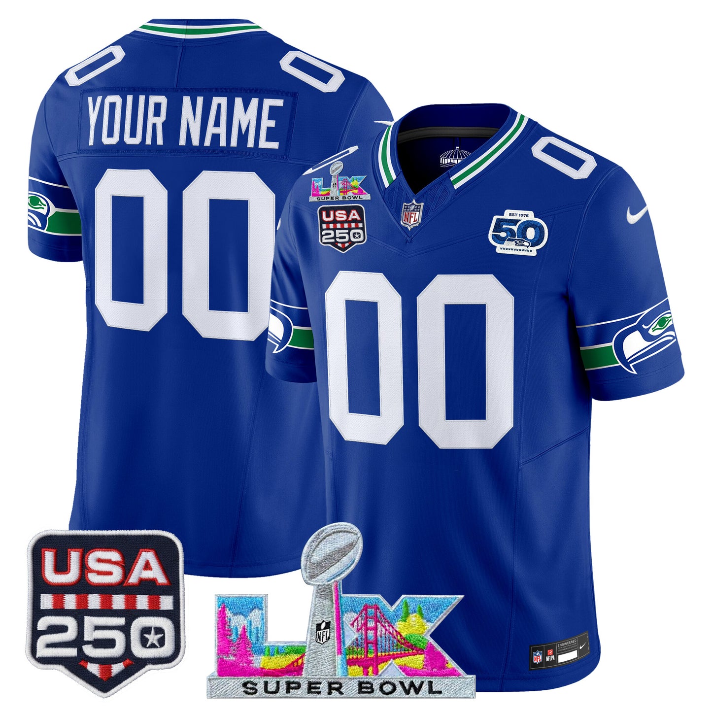 Men's SEA Football Limited Jersey - 50th Anniversary + Super Bowl LX + USA 250 Patch