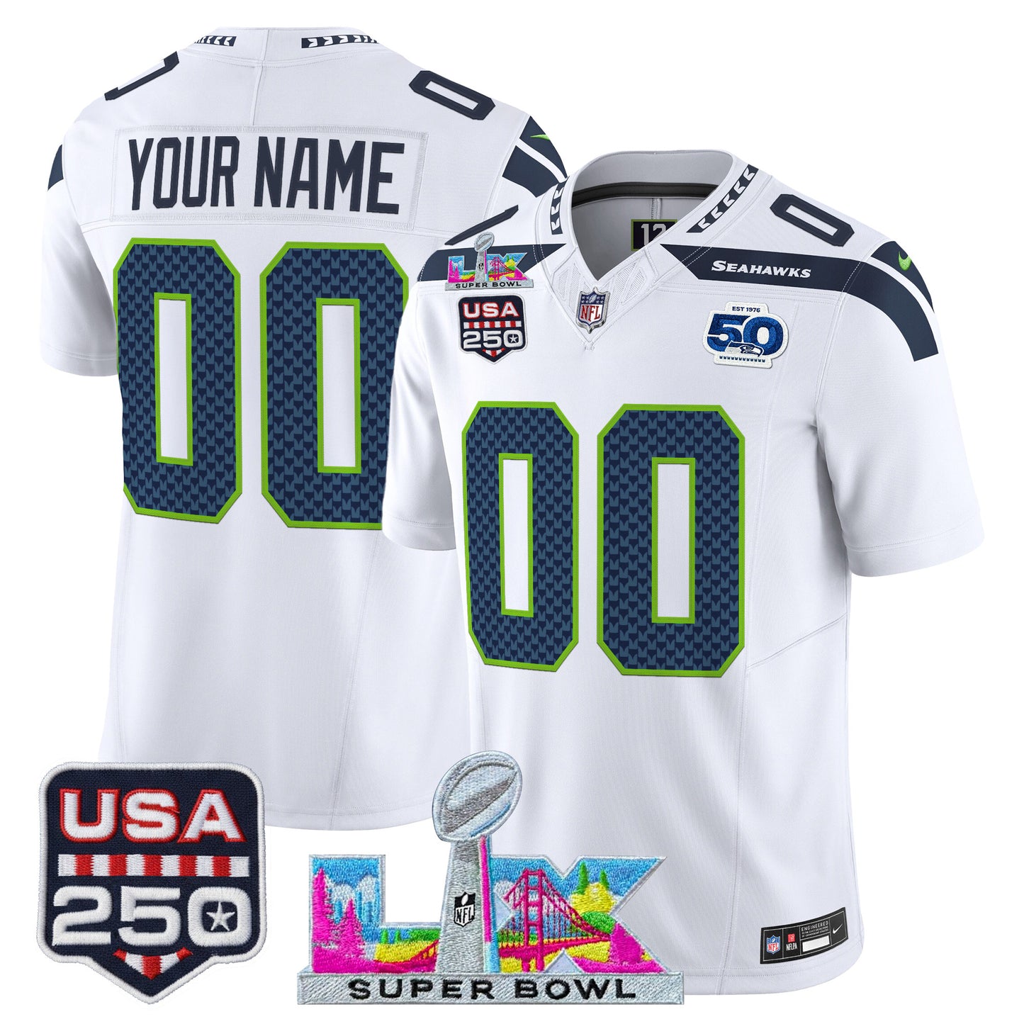 Men's SEA Football Limited Jersey - 50th Anniversary + Super Bowl LX + USA 250 Patch
