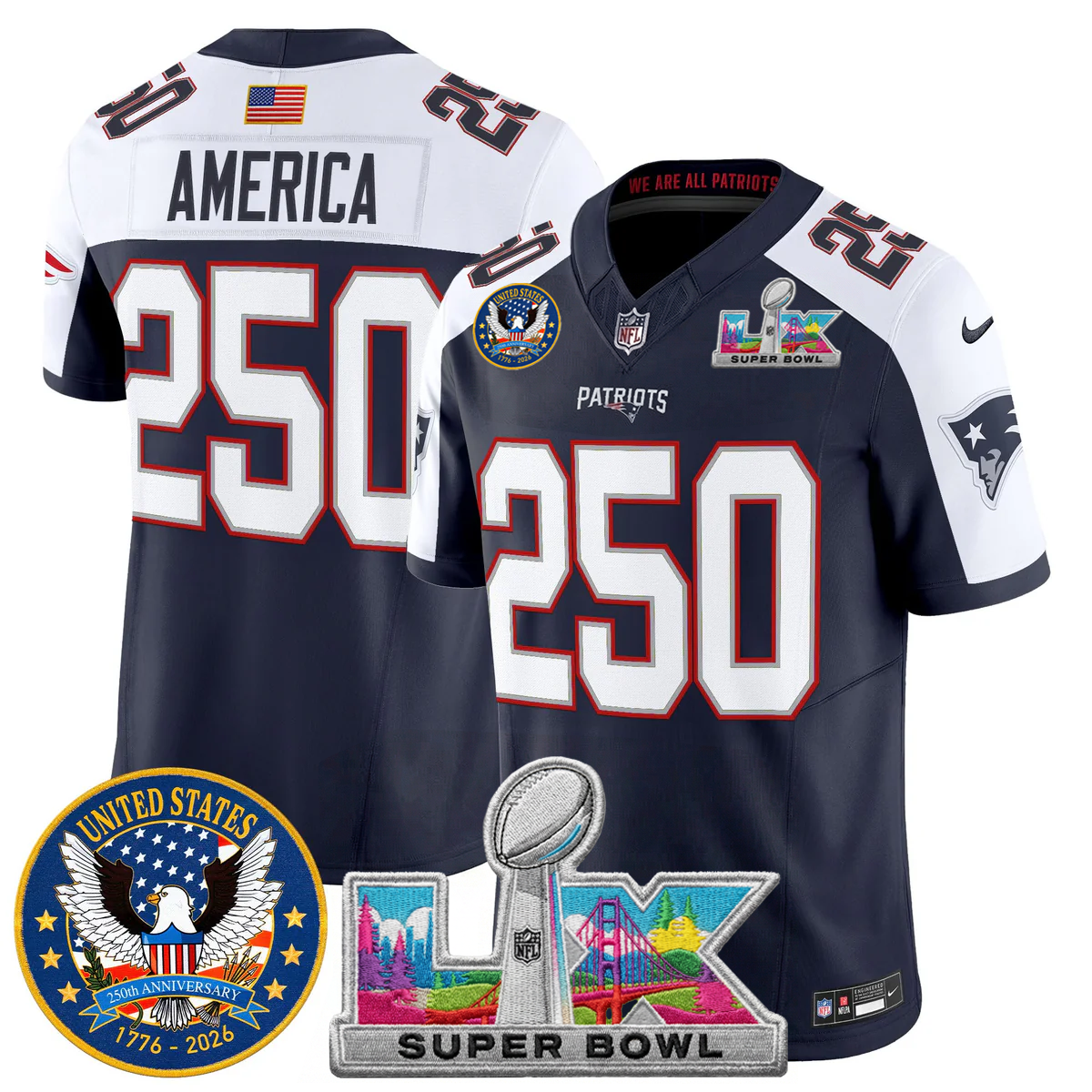 Men's NE Patriots 2026 Jersey - United States 250th Anniversary + Super Bowl LX Patch