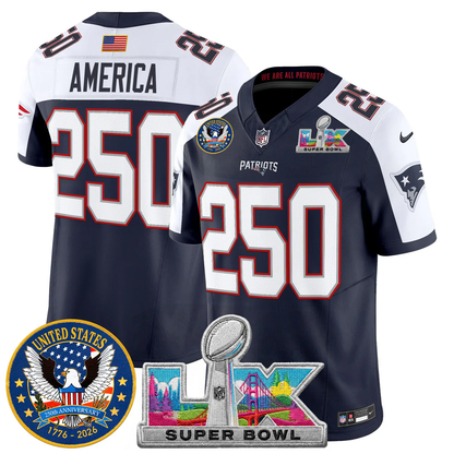 Men's NE Patriots 2026 Jersey - United States 250th Anniversary + Super Bowl LX Patch