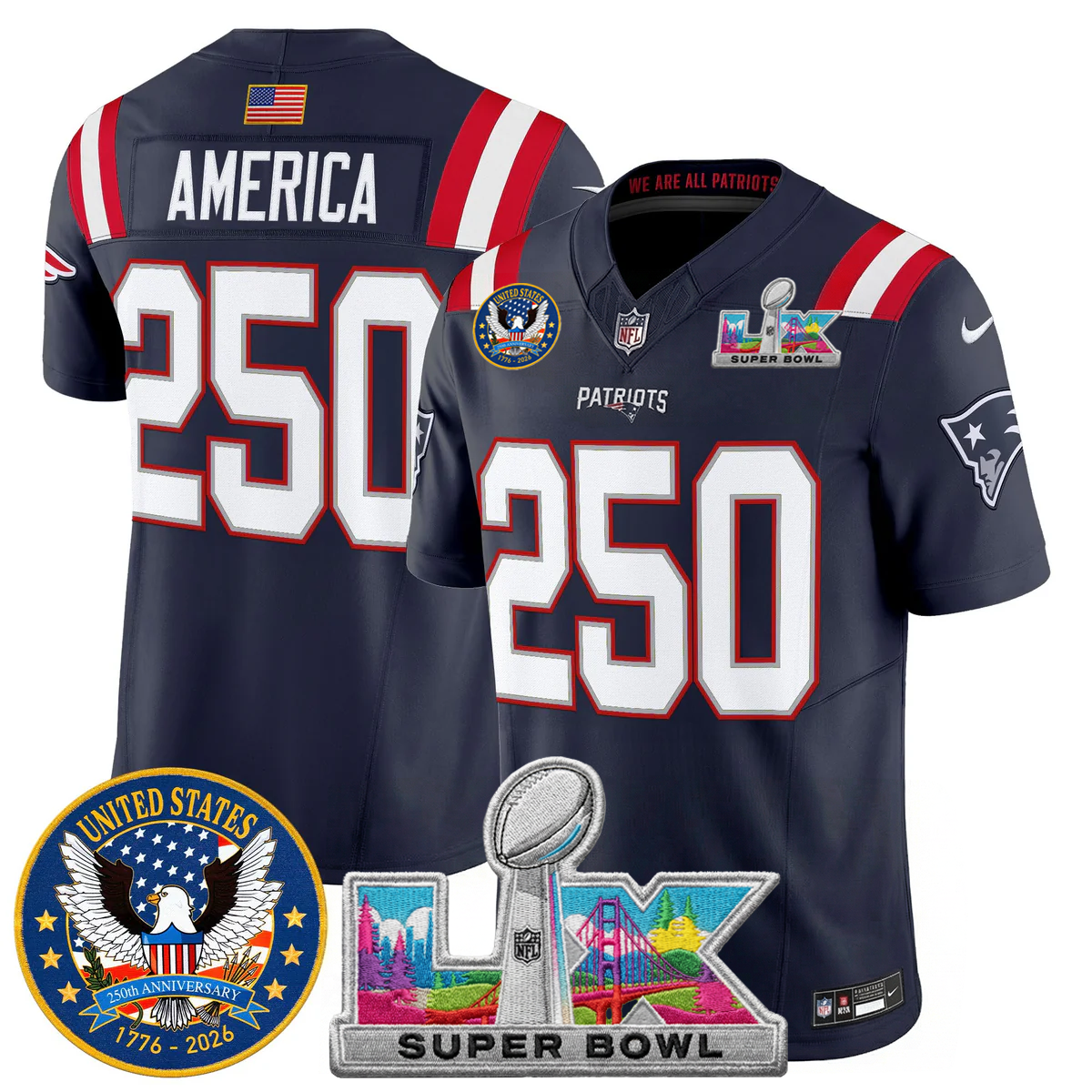 Men's NE Patriots 2026 Jersey - United States 250th Anniversary + Super Bowl LX Patch