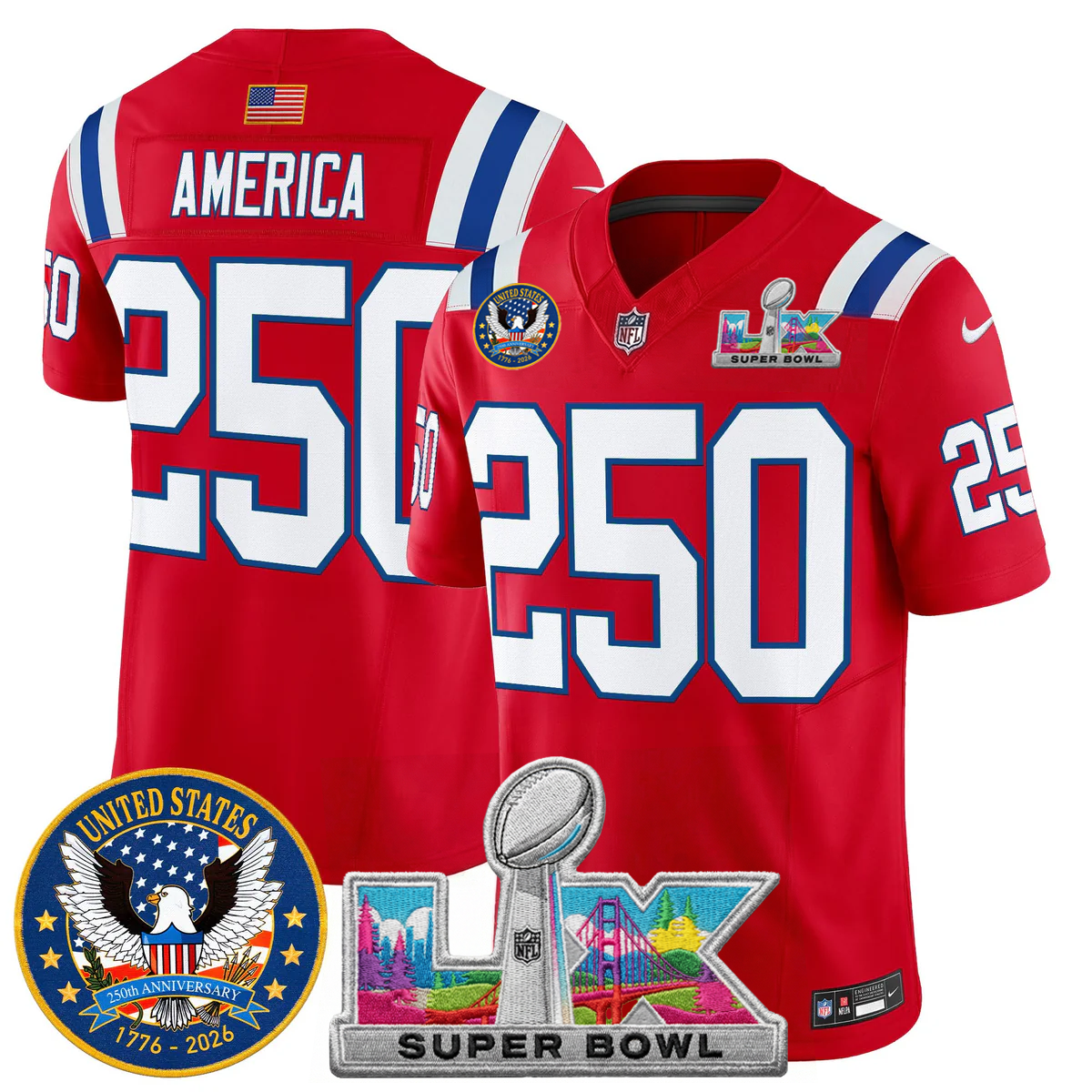 Men's NE Patriots 2026 Jersey - United States 250th Anniversary + Super Bowl LX Patch
