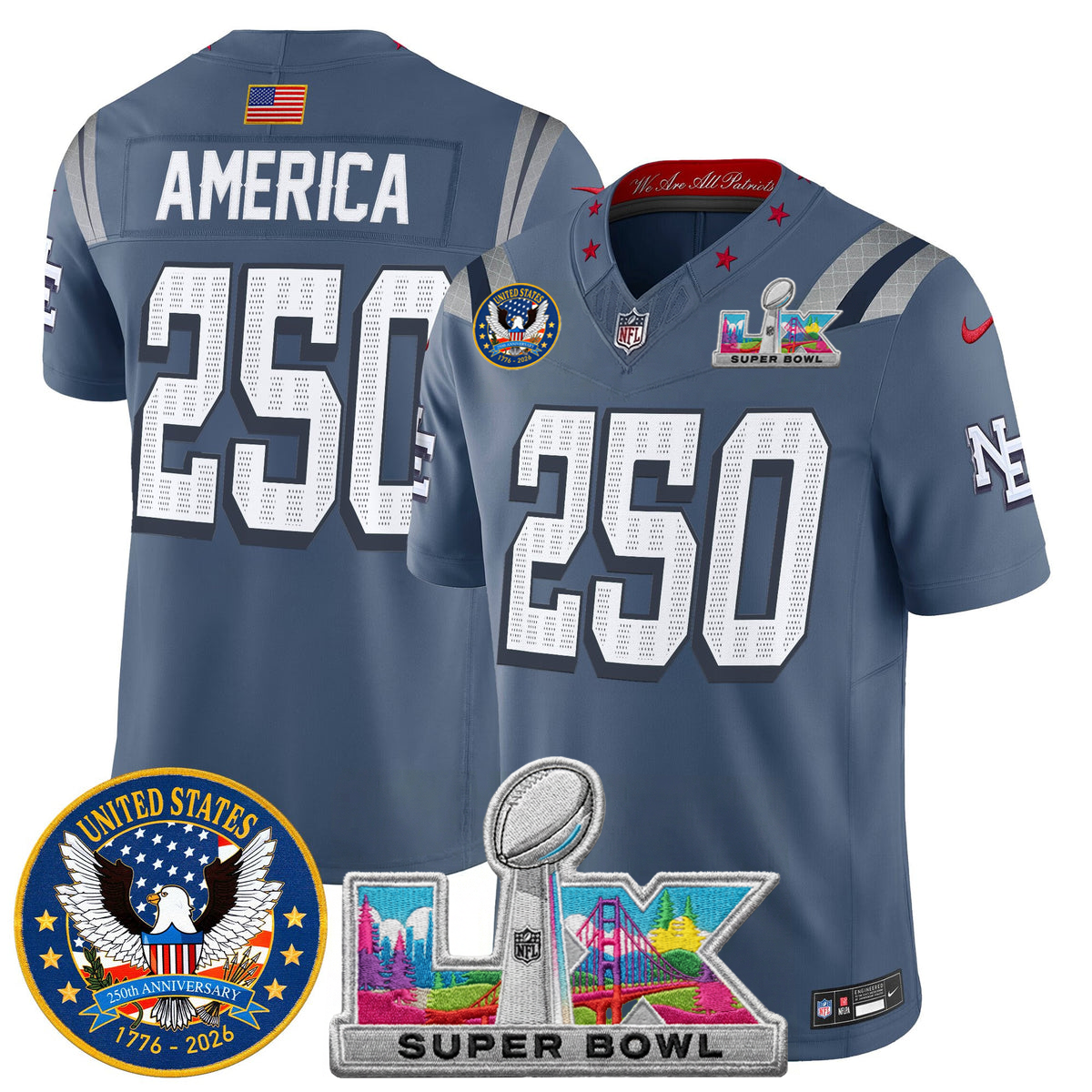 Men's NE Patriots 2026 Jersey - United States 250th Anniversary + Super Bowl LX Patch
