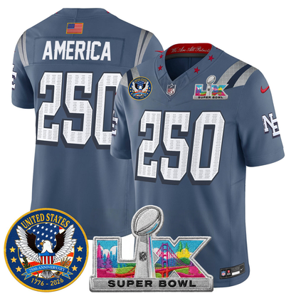 Men's NE Patriots 2026 Jersey - United States 250th Anniversary + Super Bowl LX Patch