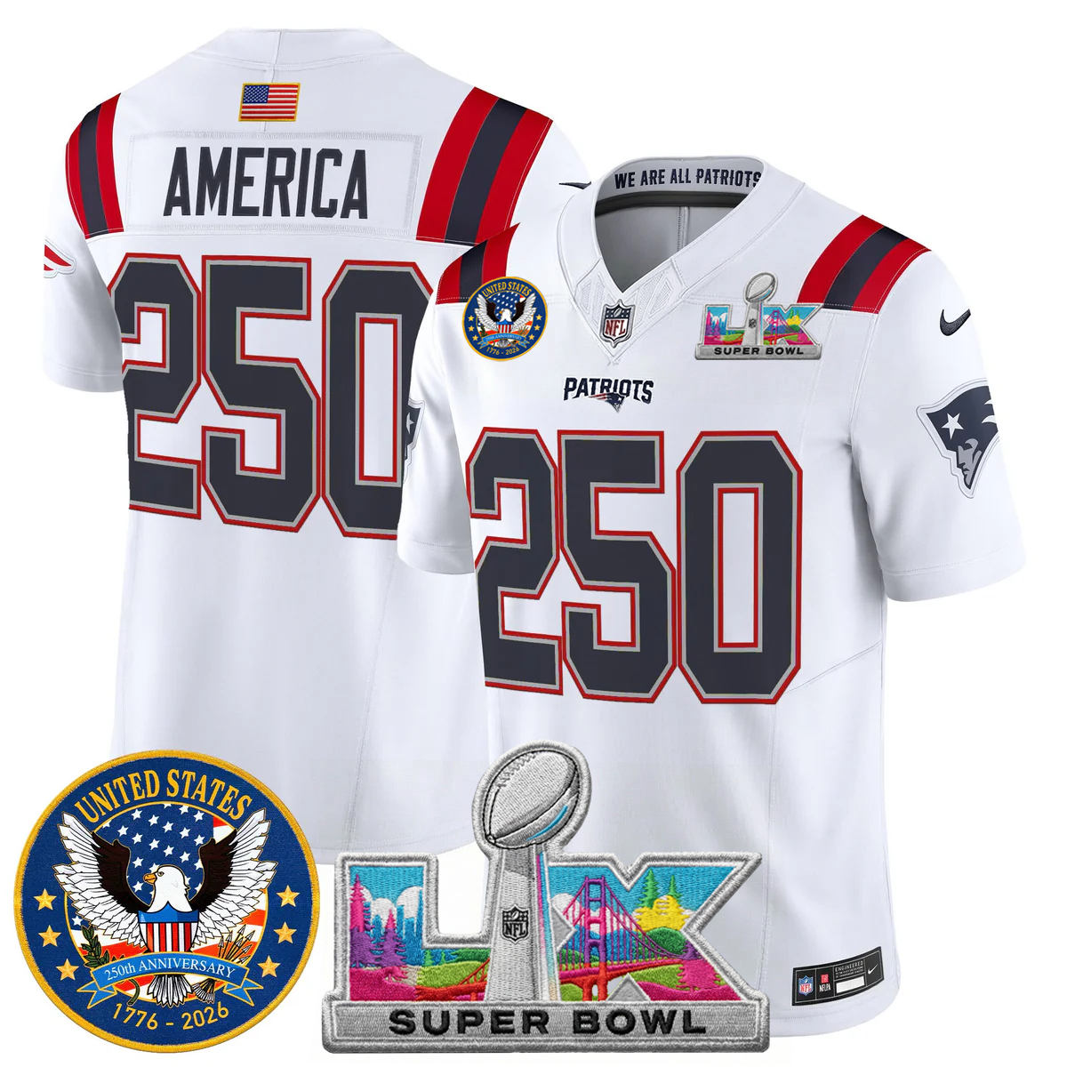 Men's NE Patriots 2026 Jersey - United States 250th Anniversary + Super Bowl LX Patch