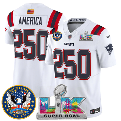 Men's NE Patriots 2026 Jersey - United States 250th Anniversary + Super Bowl LX Patch