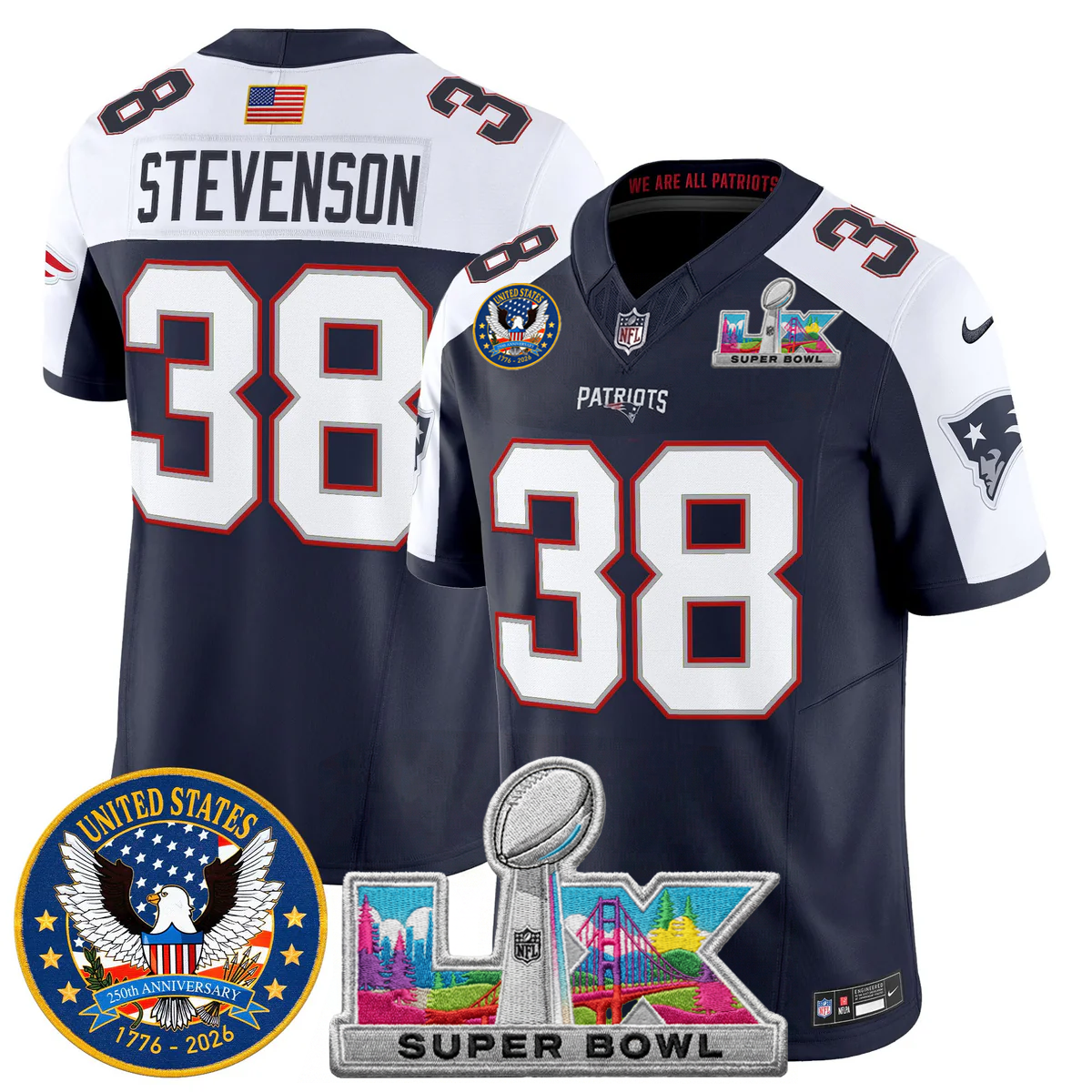 Men's NE Patriots 2026 Jersey - United States 250th Anniversary + Super Bowl LX Patch