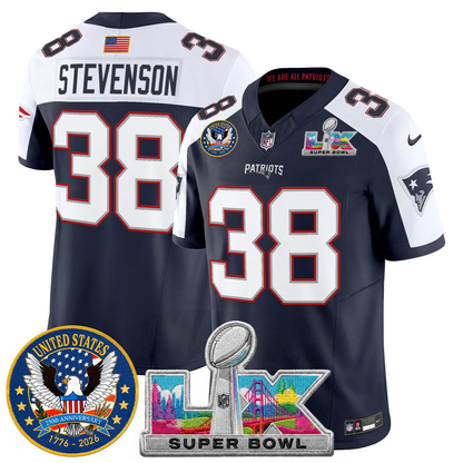 Men's NE Patriots 2026 Jersey - United States 250th Anniversary + Super Bowl LX Patch
