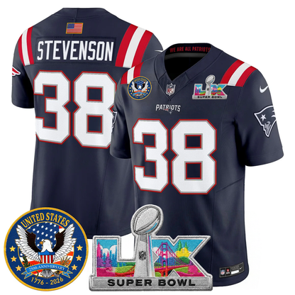 Men's NE Patriots 2026 Jersey - United States 250th Anniversary + Super Bowl LX Patch
