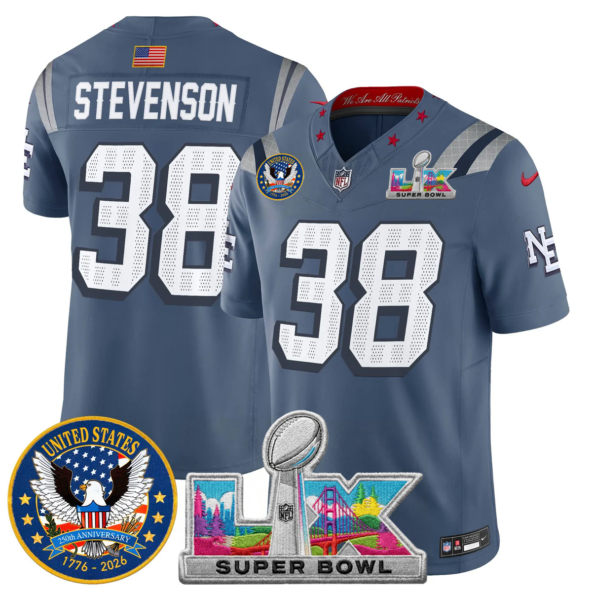 Men's NE Patriots 2026 Jersey - United States 250th Anniversary + Super Bowl LX Patch