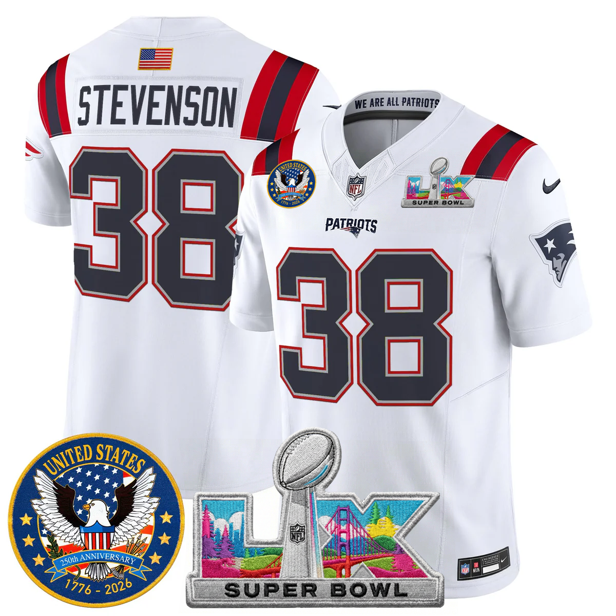 Men's NE Patriots 2026 Jersey - United States 250th Anniversary + Super Bowl LX Patch