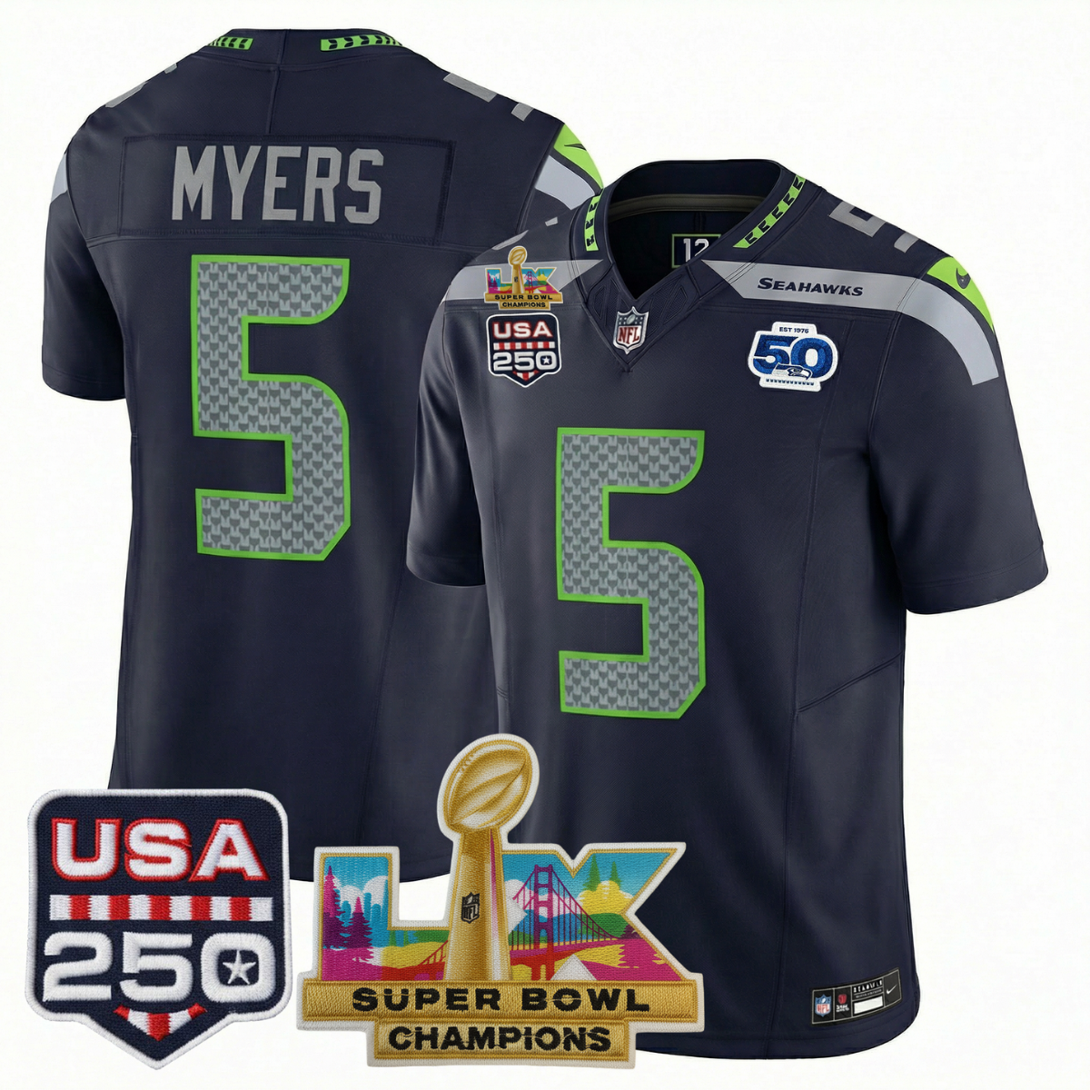 Men's SEA Football Limited Jersey - 50th Anniversary + Super Bowl LX Champions + USA 250 Patch