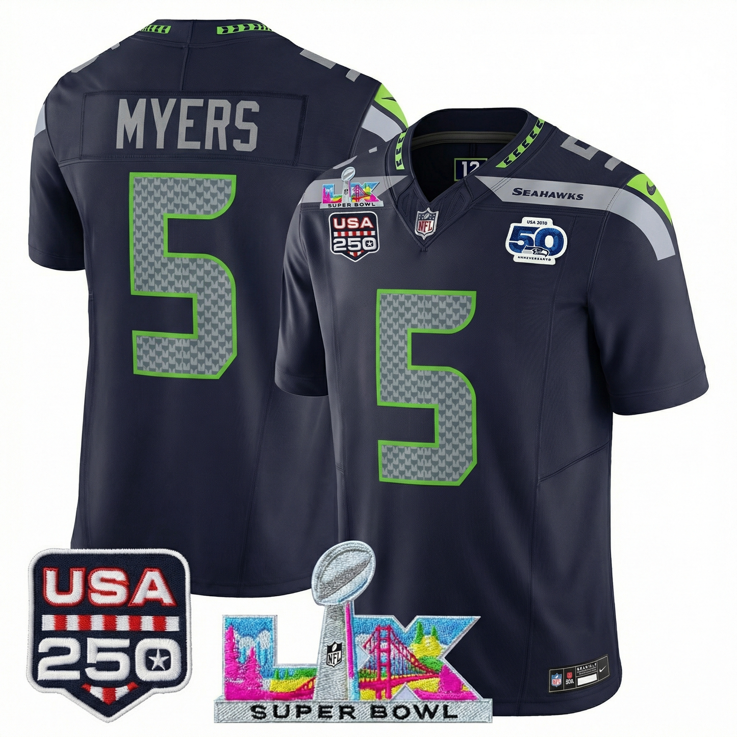 Men's SEA Football Limited Jersey - 50th Anniversary + Super Bowl LX + USA 250 Patch