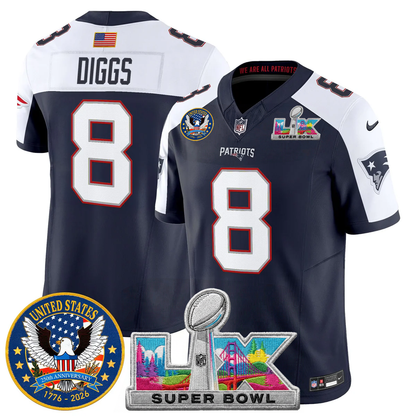 Men's NE Patriots 2026 Jersey - United States 250th Anniversary + Super Bowl LX Patch