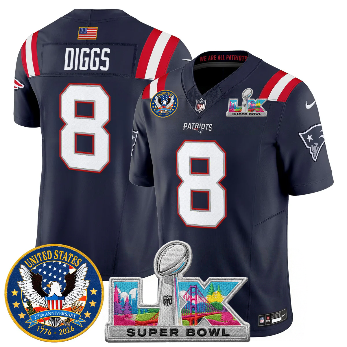 Men's NE Patriots 2026 Jersey - United States 250th Anniversary + Super Bowl LX Patch