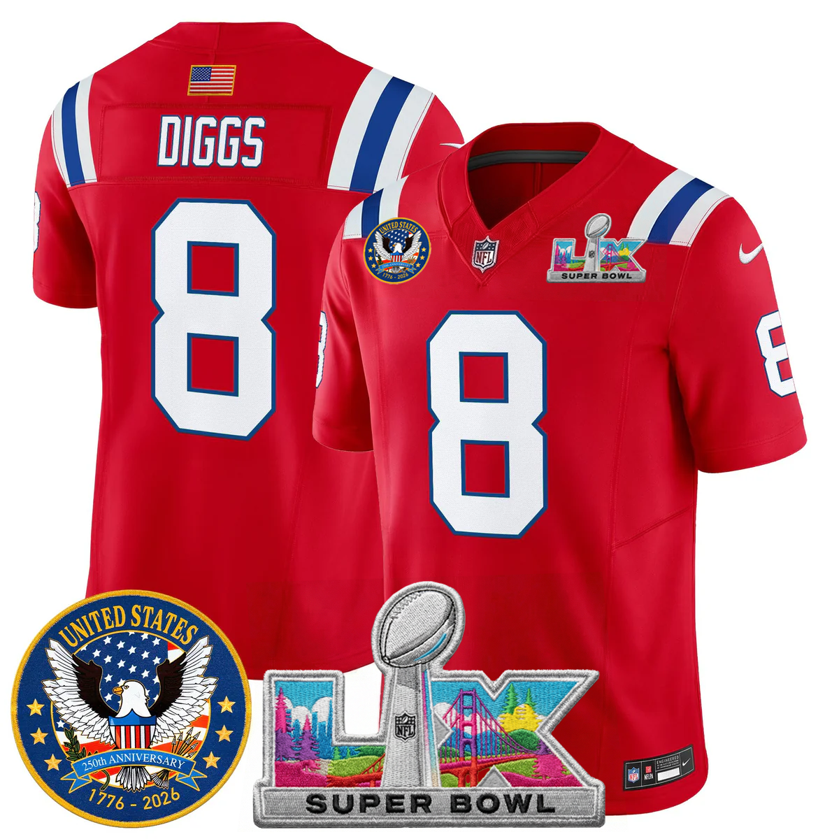 Men's NE Patriots 2026 Jersey - United States 250th Anniversary + Super Bowl LX Patch