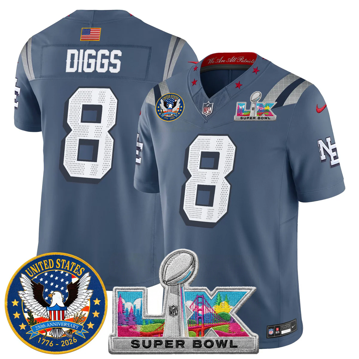 Men's NE Patriots 2026 Jersey - United States 250th Anniversary + Super Bowl LX Patch