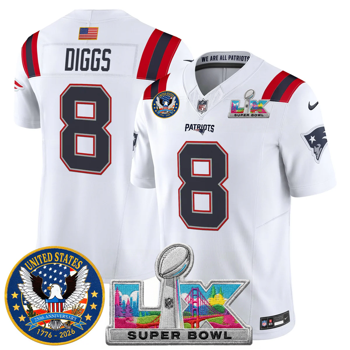 Men's NE Patriots 2026 Jersey - United States 250th Anniversary + Super Bowl LX Patch