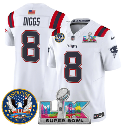Men's NE Patriots 2026 Jersey - United States 250th Anniversary + Super Bowl LX Patch