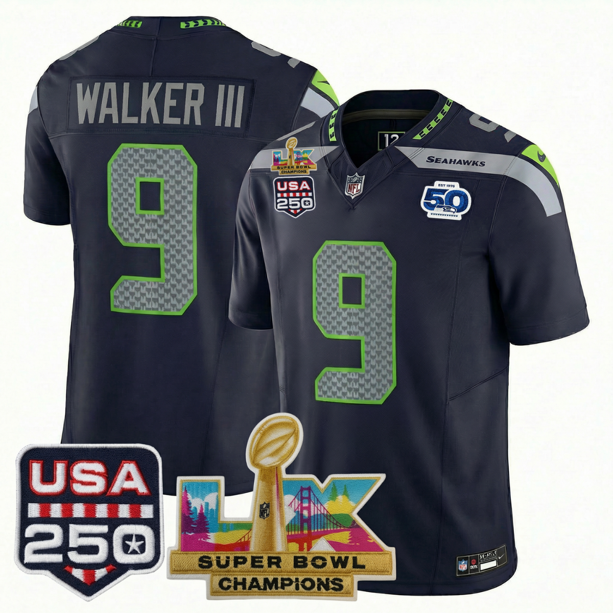 Men's SEA Football Limited Jersey - 50th Anniversary + Super Bowl LX Champions + USA 250 Patch