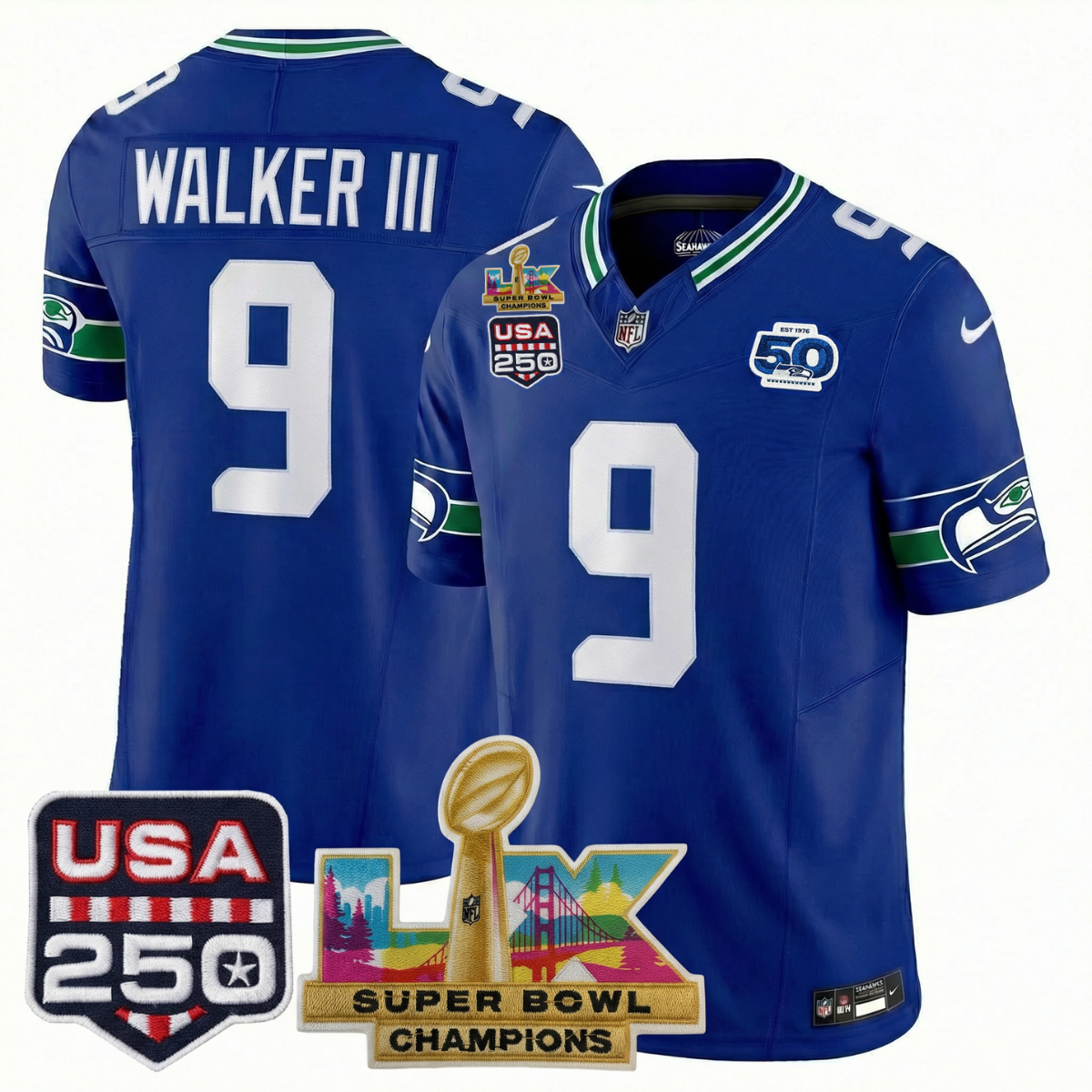 Men's SEA Football Limited Jersey - 50th Anniversary + Super Bowl LX Champions + USA 250 Patch