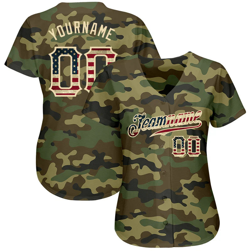 Custom Camo Vintage USA Flag-Cream Authentic Salute To Service Baseball Stitched Jersey